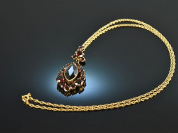 Around 1950! Large garnet pendant with chain gold 585 and 333