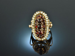 Around 1910! Exceptional garnet seed pearl ring gold 585