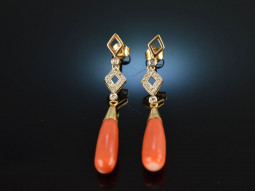 Around 2010! Wonderful Coral Diamond Earrings Gold 585