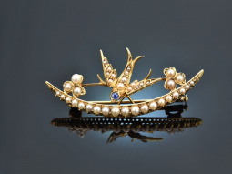 Around 1900! Charming Swallows Brooch Seed Pearls Sapphire Gold 585