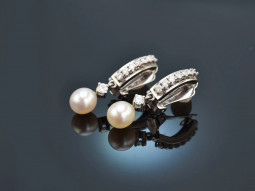 Around 1985! Elegant Cultured Pearl Brilliant Ear Clips 0.9 ct White Gold 585