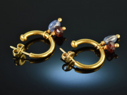 Handmade! Beautiful Vintage Earrings Creoles Sapphires Garnets Gold 750