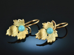 Around 1970! Pretty Vine Leaves Earrings Turquoise Gold 585