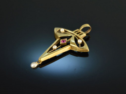 Around 1900! Beautiful art nouveau pendant seed pearls ruby gold 585