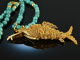 Around 1970! Fancy long turquoise necklace with links fish pendant silver gold plated