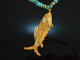 Around 1970! Fancy long turquoise necklace with links fish pendant silver gold plated