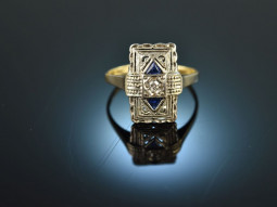 Around 1915! Pretty Art Deco diamond ring with sapphires...