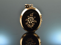 Around 1880! Historic medallion with seed pearls and enamel of gold doubl&eacute;