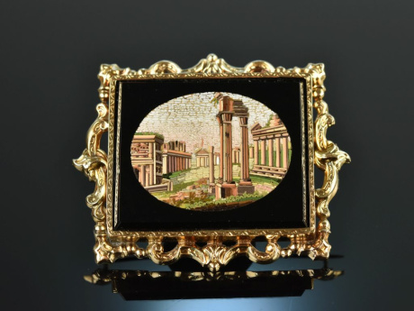 Italien um 1850! Feine Mikromosaik Brosche mit Forum Romanum Gold 585