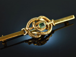 Around 1850! Biedermeier baton brooch with emerald gold 585