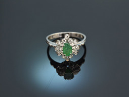 Around 1970! Precious Emerald Diamond Ring White Gold 585