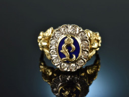 Munich around 1960! King Ludwig Ring blue enamel diamonds gold 585