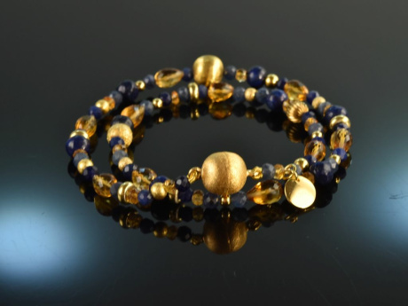 Starry Night! Fancy bracelet 2-row sapphire lapis lazuli citrine sodalite silver 925 gold plated