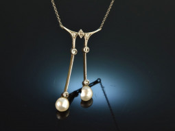 Around 1900! Delicate Lavali&egrave;re necklace with natural pearls and diamonds gold 585 silver
