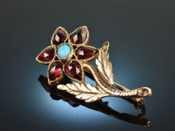 Around 1890! Pretty flower brooch with garnets and turquoise gold 333