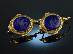 Around 1990! Wonderful earrings with lapis lazuli intaglios gold 585