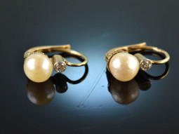 Circa 1935! Classic cultured pearls diamond earrings gold...