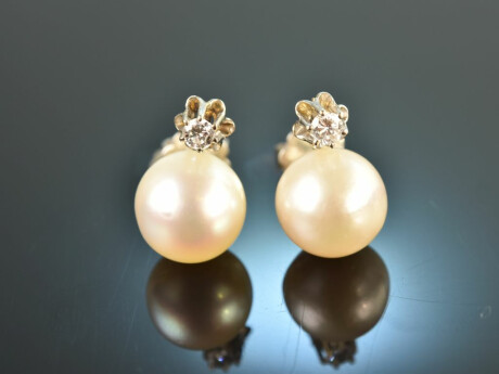 Around 1965! Classic cultured pearls diamond earrings silver 835