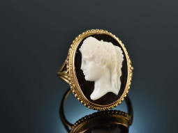 Around 1880! Fine gem cameo ring with layered agate gold 585