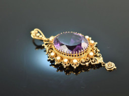 Around 1880! Large pendant with amethyst and seed pearls gold 585
