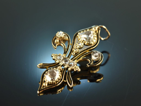 France around 1890! Fleur des Lis pendant with diamond roses and ornamental enamel gold 750