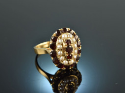 Around 1950! Beautiful garnet ring with seed pearls gold 585
