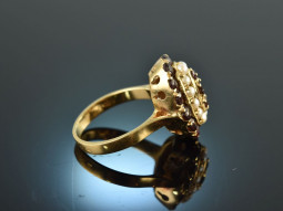 Um 1950! Sch&ouml;ner Granat Ring mit Saatperlen Gold 585