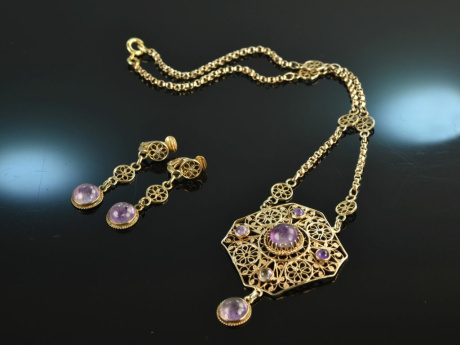 Um 1900! H&uuml;bsche Kette und Ohrringe mit Amethysten Silber vergoldet