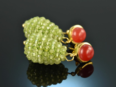 Fresh Rosehip! Drop earrings carnelian and peridot silver 925 gold plated