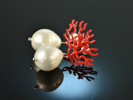 Coral Reef! Chic earrings baroque cultured pearls drops red enamel silver 925