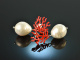 Coral Reef! Chic earrings baroque cultured pearls drops red enamel silver 925