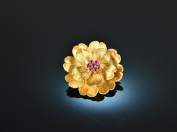 Around 1955! Flowers pendant with rubies gold 750