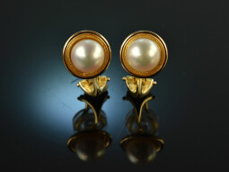 Around 1990! Classic ear clips with cultured pearls gold 585