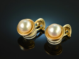 Around 1990! Classic ear clips with cultured pearls gold 585