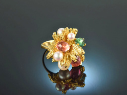 Gross&eacute; Pforzheim 1969! Design ring with tourmalines and pearls gold 750
