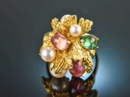 Gross&eacute; Pforzheim 1969! Design ring with tourmalines and pearls gold 750