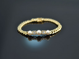 Around 1960! Beautiful tank bracelet with diamonds and cultured pearls gold 585