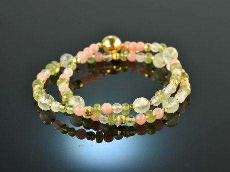 Spring Blossoms! Fancy bracelet 2 rows peridot fluorite and rose quartz silver 925 gold plated