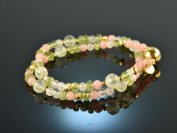Spring Blossoms! Fancy bracelet 2 rows peridot fluorite and rose quartz silver 925 gold plated