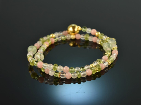 Tender Tulips! Fancy Armband 2reihig Peridot Fluorit und Rosenquarz Sterlingsilber 925 vergoldet