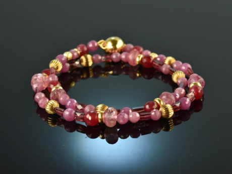 Summer Rose! Fancy bracelet 2 rows pink sapphire and red quartz sterling silver 925 gold plated