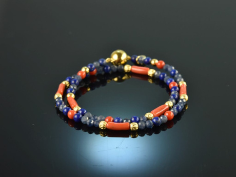 Ancient Chic! Fancy bracelet 2 rows coral lapis lazuli and sapphire sterling silver 925 gold plated