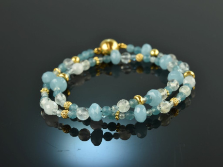 Frozen Lake! Fancy bracelet 2 rows aquamarine and blue agate sterling silver 925 gold plated