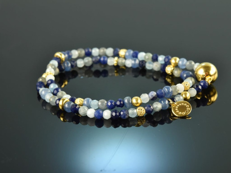 Wide Ocean! Fancy Armband 2reihig Aquamarin Sodalith Lapislazuli und Kyanit Silber 925 vergoldet