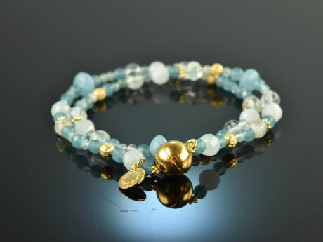 Swimming Pool! Fancy bracelet 2 rows aquamarine and blue quartz sterling silver 925 gold plated