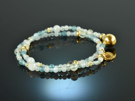 Caribbean Dream! Fancy bracelet 2 rows aquamarine and blue quartz silver 925 gold plated