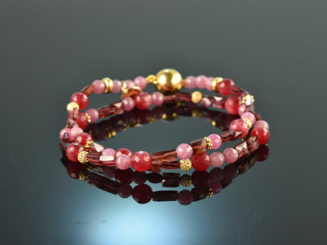 Sweet Cherries! Fancy bracelet 2 rows pink sapphire red quartz garnet sterling silver gold plated