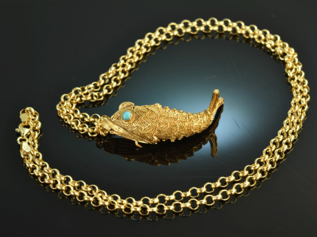 Around 1965! Filigree fish pendant with turquoise and long chain silver gold plated