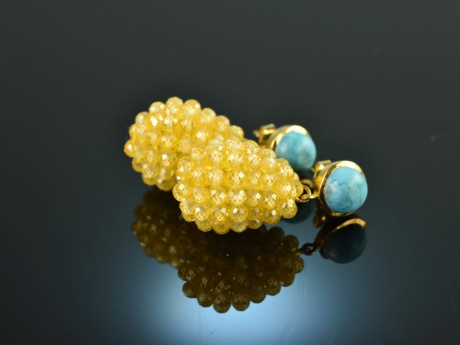 Turkish Yellow! Drop earrings with yellow agate and turquoise silver gold plated