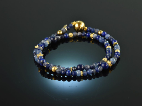 Queen of the night! Fancy bracelet 2 rows lapis lazuli sapphire sodalite and kyanite silver 925 gold plated